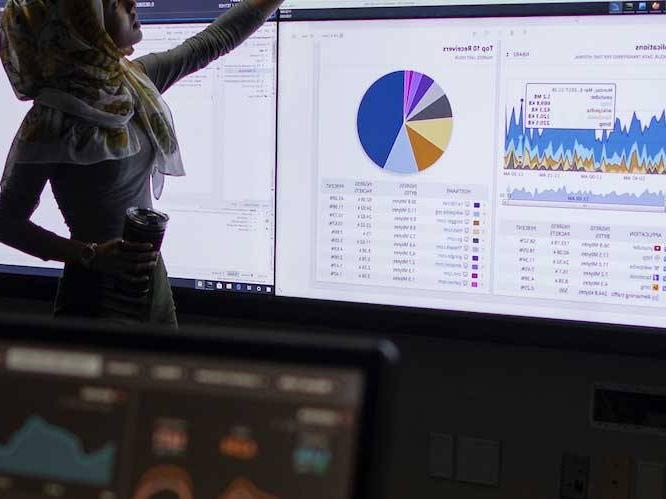 Woman standing infront of projectors pointing to graphs on screen